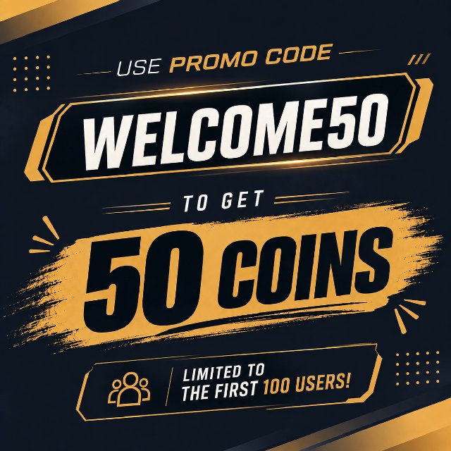 A bold black and gold promotional graphic announcing a promo code "WELCOME50" that grants 50 coins, limited to the first 100 users, to celebrate a smooth launch. The design features dramatic brushstroke accents and a "people" icon, visually reinforcing the post's welcome offer of 50 Rustly Coins for early supporters.