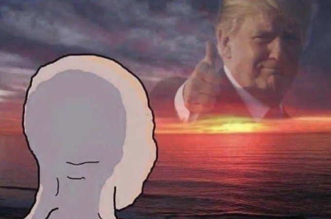 The image shows a gray cartoon figure with a stoic expression staring out at a sunset over the ocean, with Donald Trump's face emerging from the sky giving a thumbs-up. It humorously illustrates the post's message about a trader/investor's unwavering optimism and naive hope for continued market gains, despite past experience with "bull runs" ending badly.