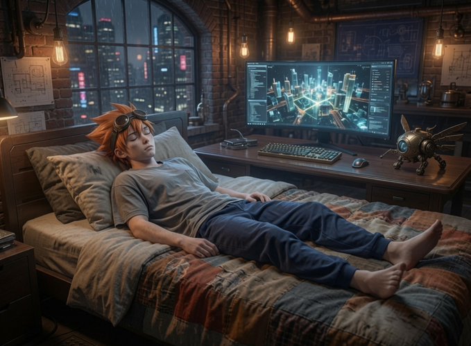 A digital illustration shows a red-haired young person with goggles resting on their head, sleeping on a bed in a dimly lit, industrial-style room with a computer monitor displaying a futuristic cityscape and a small robot nearby.