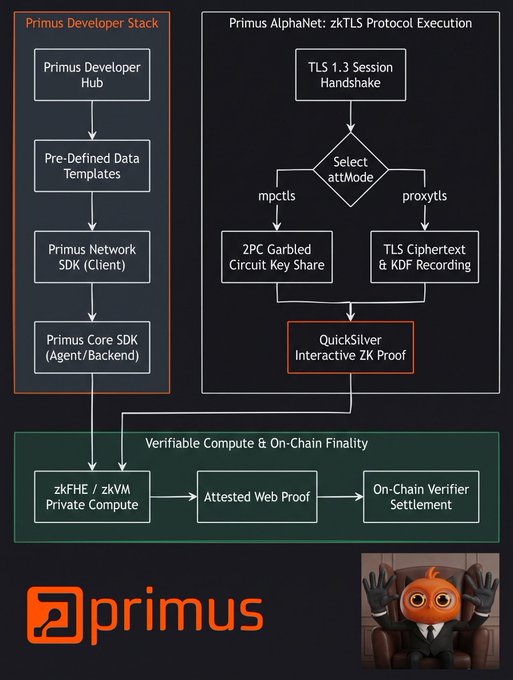 A flowchart diagram showing the Primus Developer Stack and Primus AlphaNet: zkTLS Protocol Execution, detailing TLS 1.3 Session Handshake, attMode selection (mpctls/proxytls), QuickSilver Interactive ZK Proof, and Verifiable Compute & On-Chain Finality.