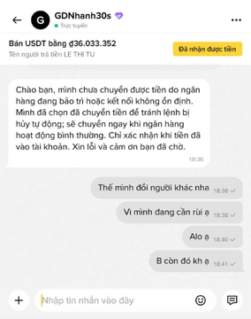 A screenshot of a Vietnamese Telegram conversation from user 'GDNhanh30s' describing a USDT lending service, with the recipient replying that they are not interested.