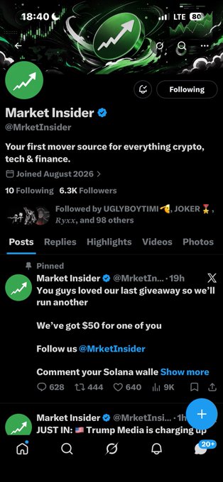 This is a screenshot of the "Market Insider" (@MrketInsider) Twitter/X profile page, showing 6.3K followers and a pinned tweet announcing a $50 giveaway that requires following the account and commenting with a Solana wallet. The accompanying post references a Solana blockchain address (BakyXRTtW2cdivHrqoENQhSfaMjGLRgDudV8QSBGcKNf), suggesting this image was shared as part of a giveaway promotion where users submit crypto wallet addresses.