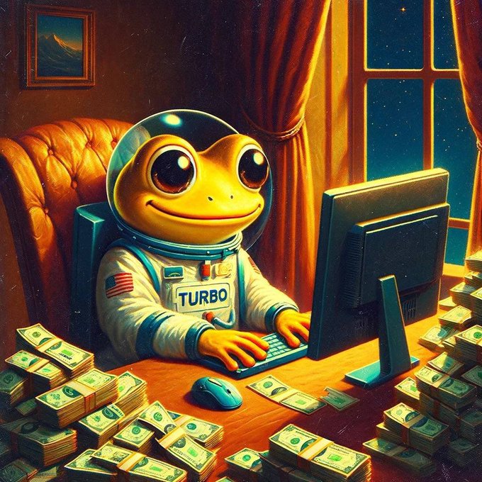 A digital illustration of a cartoon frog astronaut named 'TURBO' working at a computer surrounded by massive stacks of cash in a warmly lit room.
