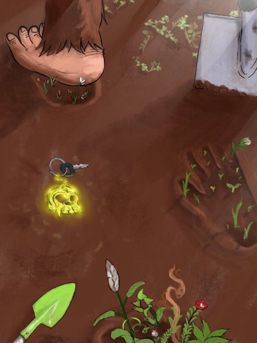 The image shows a whimsical scene with a large furry creature's foot looming over dirt where small flowers sprout, alongside a glowing key, a shovel, and what appears to be a gravestone. The imagery of being crushed and "hanging it up" paired with the post's mention of a 30% drop on day 2 suggests the meme visually represents the rug pull or death of the "$BAYLA" token, with the giant foot symbolizing the market's overwhelming force crushing the investment.