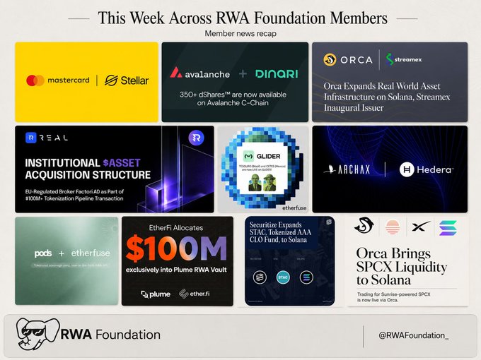 The image features a collage of logos for various companies related to blockchain technology and financial services. The logos include those of institutions like RWA Foundation, Stellar, and others. The collage also includes logos from companies such as Orca, Plumnet, Solana, and Ripple. The post highlights the importance of these companies in the context of the week's theme: "This Week Across RWA Foundation Members".