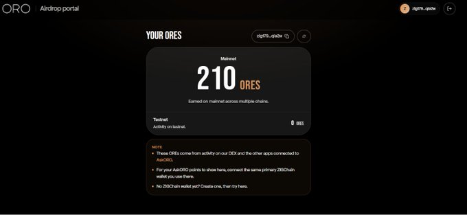 The image displays the ORO Airdrop Portal showing a user "Mainnet" with **210 ORES** earned from the testnet activity. The portal interface includes notes about how ORES are generated through DEX and connected apps, and matches the announcement about the airdrop portal being live with instructions to connect wallets and check ORE points.