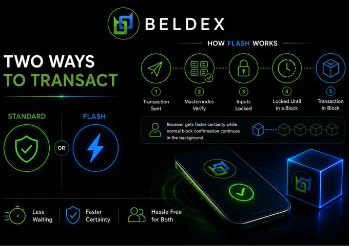 An infographic titled 'BELDEX' explains 'TWO WAYS TO TRANSACT'—'STANDARD' and 'FLASH'—outlining a five-step 'HOW FLASH WORKS' process (Transaction Sent, Masternodes Verify, Inputs Locked, Locked Until in a Block, Transaction in Block) with benefits including 'Less Waiting,' 'Faster Certainty,' and 'Hassle Free for Both.'