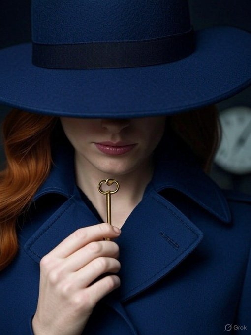 A woman with auburn hair wears a wide-brimmed blue hat that obscures her eyes while holding a brass key near her lips, symbolizing discretion and unlocking access to exclusive information—fittingly matching the post's invitation to seek her out privately for a discussion about the @Shield_USD contract at @RareEvo.