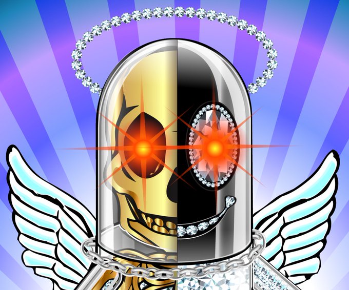 A stylized digital artwork of a capsule featuring a half-skull, half-jeweled face with glowing red eyes, a diamond halo, silver wings, and chains against a purple radial background.