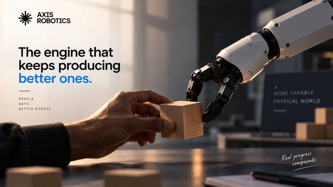 A robotic arm grasps a wooden cube from a human hand in a softly lit workshop setting, illustrating Axis Robotics' tagline "The engine that keeps producing better ones," alongside their stated pillars of "People, Data, Better Robots." The image reinforces the post's hands-on experience theme, showing the very type of robot manipulation task the user attempted to control themselves.