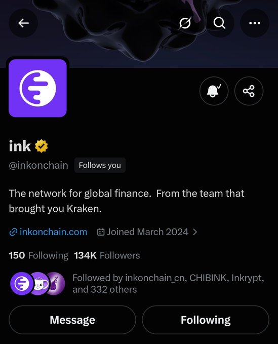 A Twitter/X profile page for 'ink' (@inkonchain), described as 'The network for global finance. From the team that brought you Kraken,' with 134K followers, joined March 2024, and links to inkonchain.com.