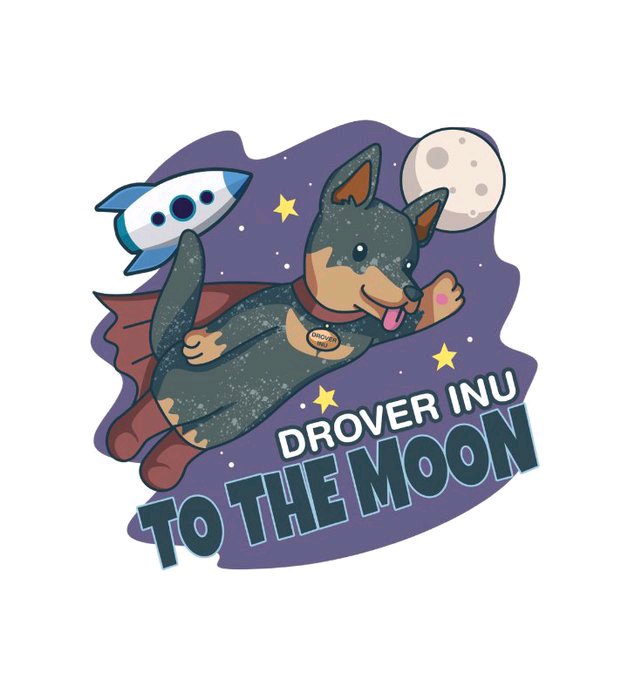 An illustration of a dog dressed as a superhero flying through space with a rocket and moon, with text 'DROVER INU TO THE MOON'.