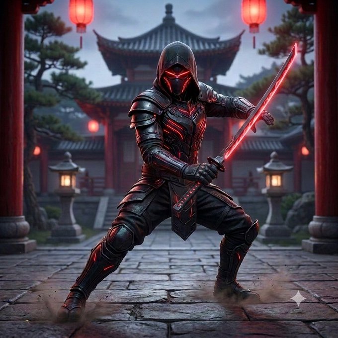 A digital artwork of a hooded warrior in black and red armor wielding a glowing red sword in a courtyard with traditional East Asian architecture and red lanterns.