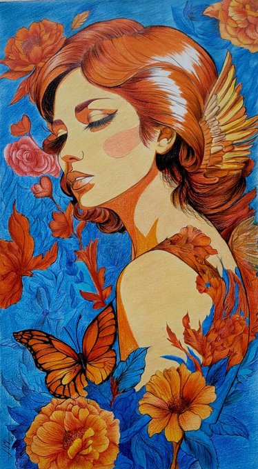 A colorful painting depicts a woman with red hair and wings surrounded by orange flowers and a monarch butterfly against a bright blue background.