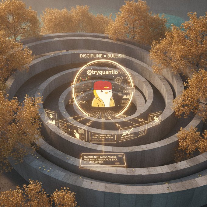 An aerial view of a stone labyrinth surrounded by autumn trees, with a glowing central holographic display reading 'DISCIPLINE = BULLISH' and '@tryquantio' alongside trading charts and product details.