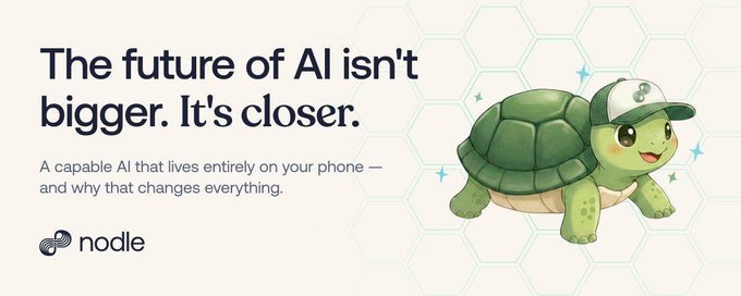 Nodle advertisement with the tagline 'The future of AI isn't bigger. It's closer,' describing a capable AI that lives entirely on your phone, accompanied by a cartoon turtle mascot wearing a cap.