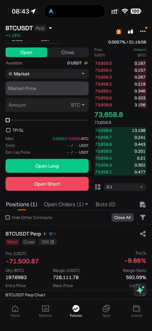 In the image, there's a description of Bitcoin trading being used with an app that looks like Vbtc. The main focus of the image is the screen shot of the app interface. This screen shows multiple details about Bitcoin prices such as the current price at 7,897.78 and the time remaining in 0:03. It also displays various information like open orders, available market data, positions, and other relevant information for trading Bitcoins on this platform. The image does not provide any additional context to fully understand its relationship with the post.