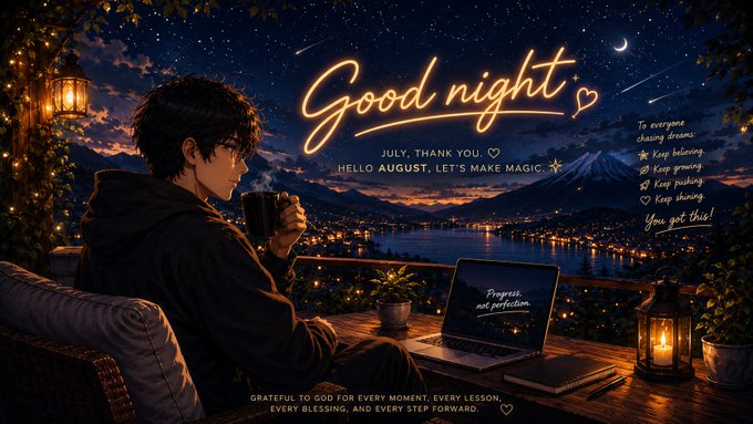 An anime-style illustration of a young man with dark hair drinking from a cup on a balcony at night, with neon text reading "Good night", "JULY, THANK YOU", and "HELLO AUGUST, LET'S MAKE MAGIC".