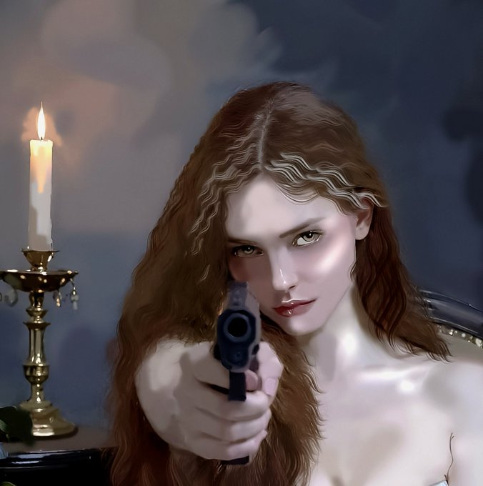 A digital painting depicts a pale woman with long wavy auburn hair and a silver headpiece pointing a handgun directly at the viewer, with a lit white candle in a gold holder to her left.
