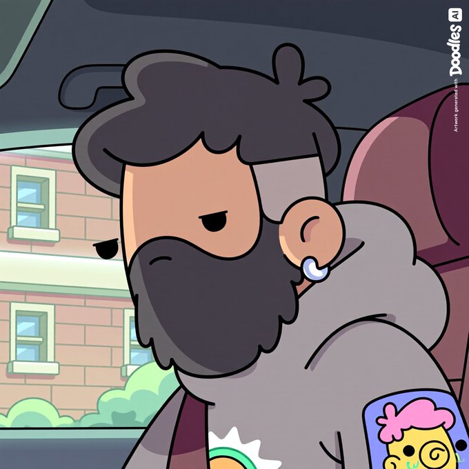 A Doodles NFT cartoon illustration of a bearded character with a gray hoodie and earring, with 'Doodles AI' branding in the corner.