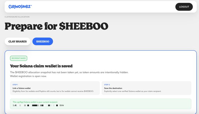 Screenshot of the Claynosaurz website showing a 'Prepare for $HEEBOO' allocation page with a 'CLAY SHARES' and '$HEEBOO' tab selector, indicating a recipient wallet is saved for the Solana claim.