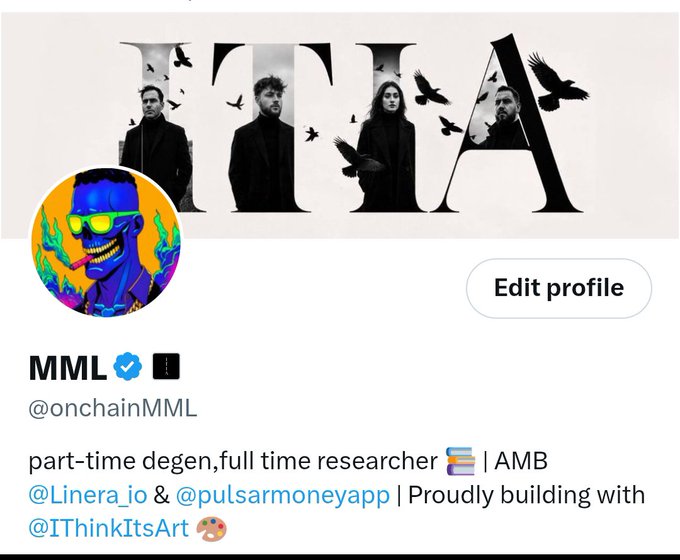 A social media profile for 'MML' (@onchainMML), described as a 'part-time degen, full time researcher,' building with @Linera_io & @pulsarmoneyapp, with a header showing the letters 'ITA' featuring people and crows.