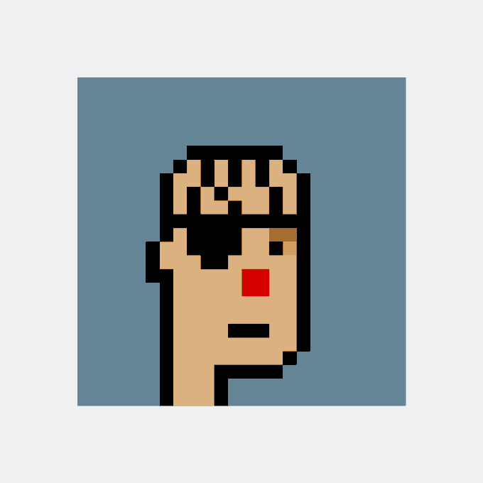 A pixel art portrait of a person with black hair, peach skin, and a red mark on their cheek, displayed against a solid blue background.