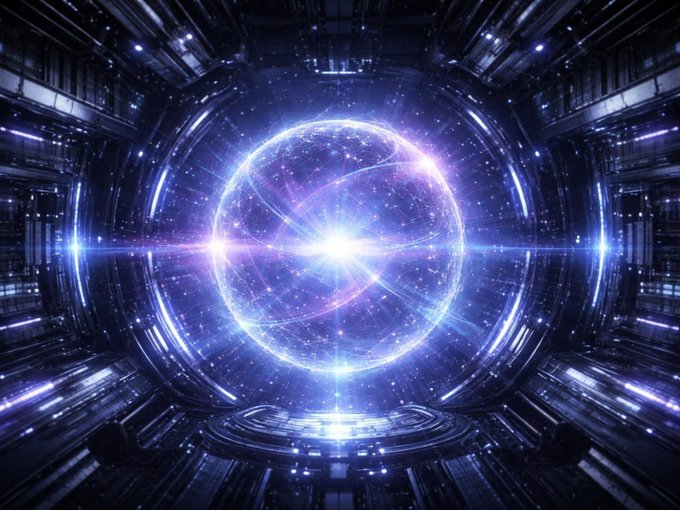 A futuristic sci-fi scene featuring a glowing purple and blue energy sphere at the center of a dark, metallic tunnel lined with technological structures and lights.