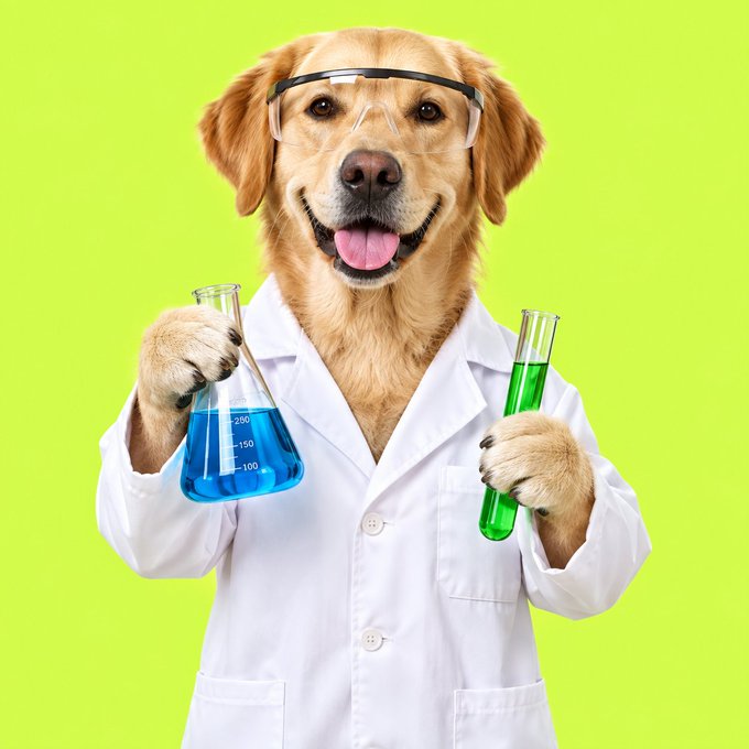 A golden retriever dog wearing safety goggles and a white lab coat, holding an Erlenmeyer flask with blue liquid and a test tube with green liquid against a green background.