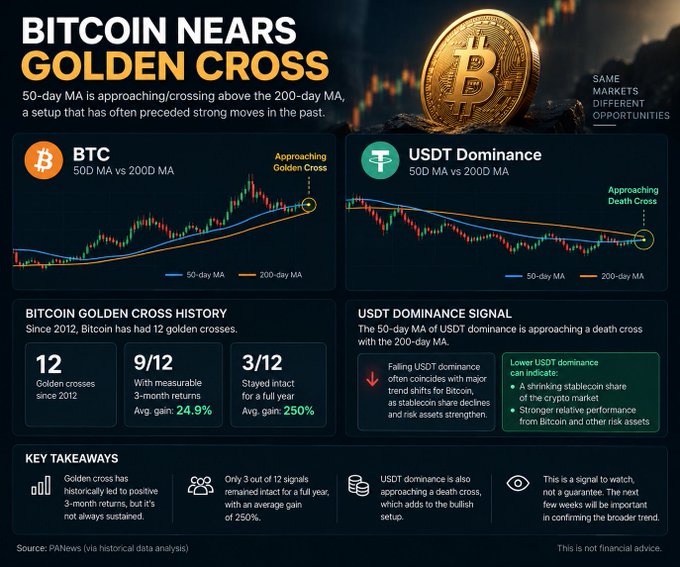 An infographic titled 'BITCOIN NEARS GOLDEN CROSS' showing BTC and USDT dominance charts, noting 12 golden crosses since 2012 with an average gain of 24.9% and a 250% gain when held for a full year.