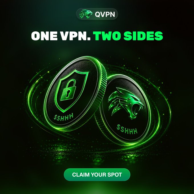 A QVPN promotional graphic featuring two dark coins with neon green accents—one displaying a shield with a padlock and the other a roaring panther, both stamped with "$SHHH"—set against a glowing green background, with the tagline "ONE VPN. TWO SIDES" and a "CLAIM YOUR SPOT" call-to-action button, visually reinforcing the post's message of combining privacy protection with earning rewards.