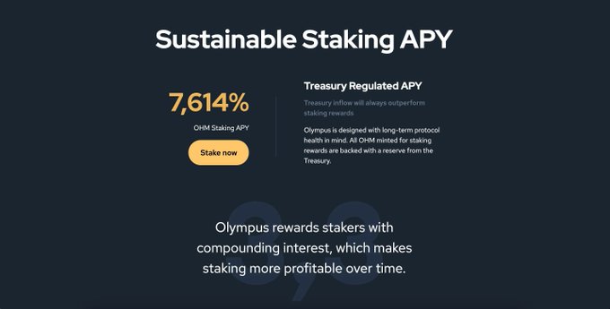 The image is a promotional graphic from Olympus DAO highlighting a "Sustainable Staking APY" of 7,614% for OHM stakers, featuring a "Stake now" button and describing it as a "Treasury Regulated APY" backed by protocol reserves. It visually contrasts with the post's nostalgic tone, recalling when the project marketed such an astronomically high yield as sustainable—a benchmark that has since become unattainable in the current crypto market.