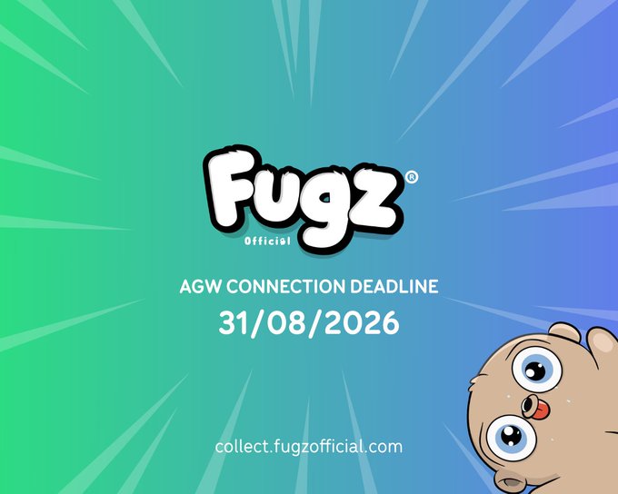 A promotional graphic for 'Fugz Official' displaying 'AGW CONNECTION DEADLINE 31/08/2026' and 'collect.fugzofficial.com' on a teal-to-blue gradient background, featuring a cartoon gecko character in the corner.