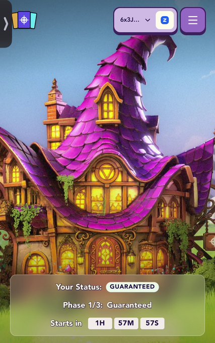 A mobile app screen showing a whimsical purple-shingled fairy tale cottage with 'Your Status: GUARANTEED' and 'Phase 1/3: Guaranteed - Starts in 1H 57M 57S' displayed at the bottom.