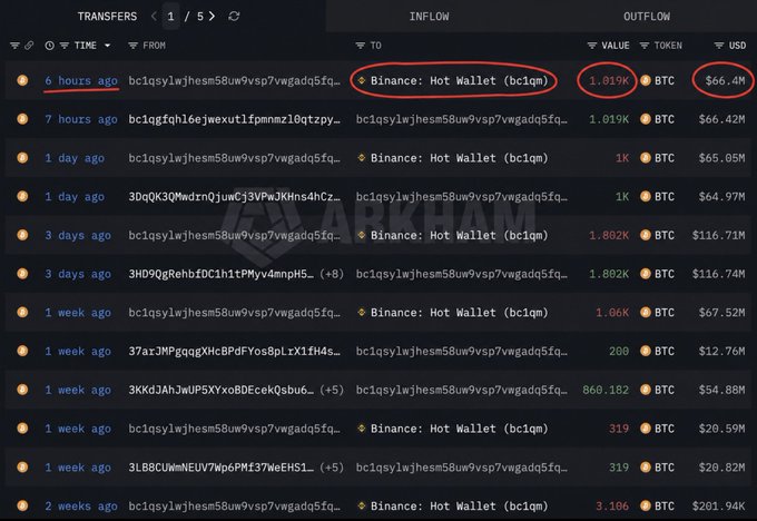 A blockchain transaction tracker shows a whale wallet (bc1qsylwljhesm58uw9vsp7vwgadq5fq...) transferring 1,019 BTC ($66.4M) to the Binance Hot Wallet 6 hours ago, as part of an ongoing pattern of large BTC deposits over the past 3 weeks totaling 7,513 BTC ($486.9M) per the post's context. The image visually confirms the most recent transfer highlighted in red, illustrating the whale's continued selling activity.