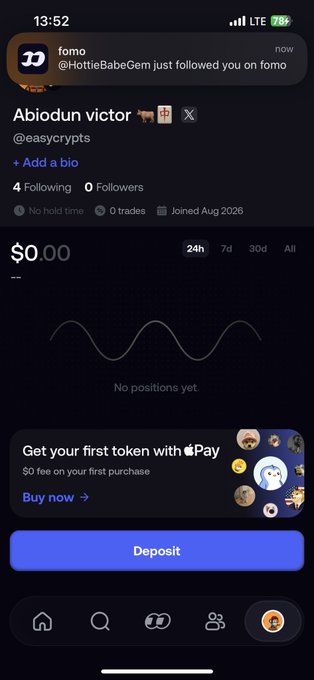 A mobile app screenshot of the 'fomo' trading platform showing a notification that '@HottieBabeGem' followed the user, displaying a profile for 'Abiodun victor' (@easycrypts) with $0.00 and 'No positions yet,' along with options to buy via Apple Pay or deposit funds.
