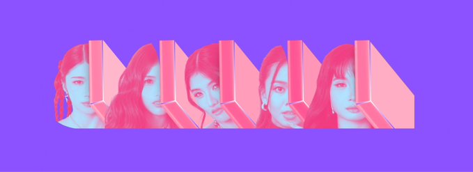 A stylized graphic showing five overlapping, faceless female portraits in pink and blue tones with geometric shapes against a purple background.