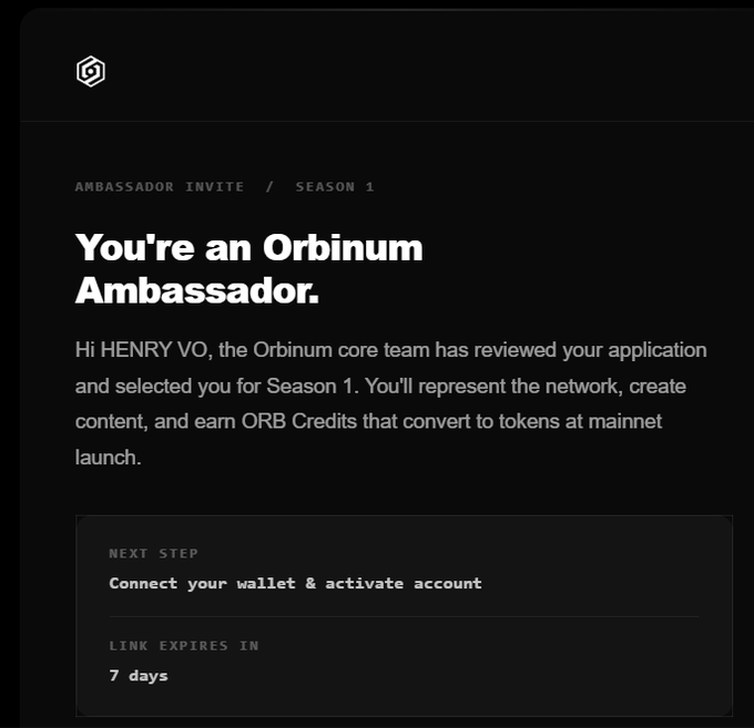 The image shows a black email with white text, which appears to be an invitation from Orbinum Network to join their community or participate in a specific event. The email invites the reader to connect their wallet and activate an account for more information about joining the network.
