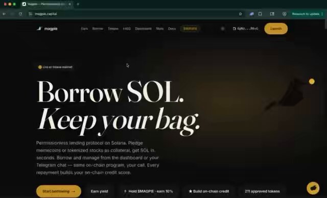 The image shows a screenshot of a website called "borrow.sol" that offers lending services, with several posts visible. One particular post stands out as it states that the site has been broken into and has successfully integrated with other sites like "@MagpieLoans". This implies that someone unauthorized gained access to the site and altered its code, potentially affecting its functionality or security. The image also provides information about the site's permissionless lending platform, but no text is visible in the screenshot itself.