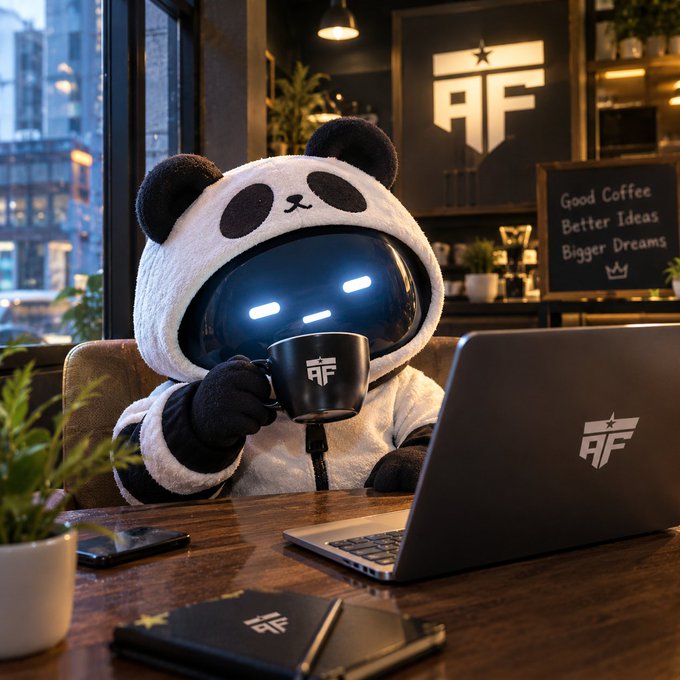 A cute robotic panda mascot wearing a panda hoodie, holding a black 'AF' branded mug while sitting at a wooden table with a laptop, in a cozy coffee shop setting with a 'Good Coffee Better Ideas Bigger Dreams' chalkboard sign.