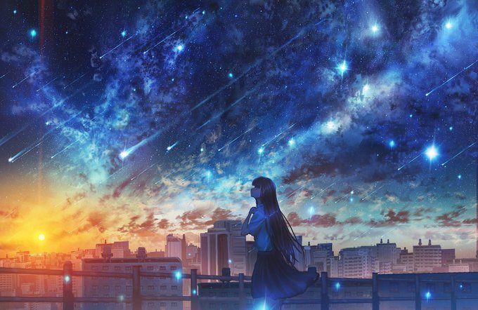 An anime-style illustration showing a girl with long dark hair standing on a rooftop looking out over a city skyline during a vibrant sunset, with a stunning night sky filled with stars and shooting meteors above.