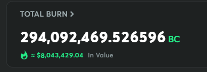 A digital display showing a "TOTAL BURN" of 294,092,469.526596 BC valued at $8,043,429.04.