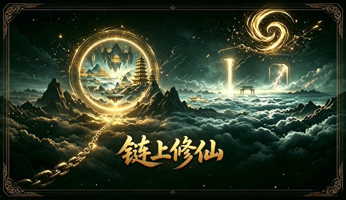 A fantasy artwork featuring Chinese characters '链上修仙' (Cultivating Immortality on the Chain) depicts a glowing celestial portal, mountain pagodas, and a stylized '1.0' above mystical clouds.