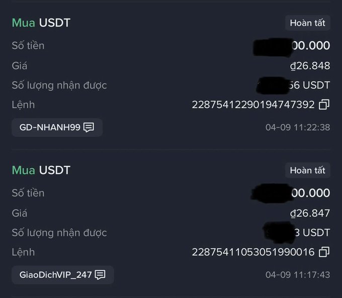 A Vietnamese crypto exchange interface shows completed 'Mua USDT' (Buy USDT) transactions with prices around 26,847-26,848 ₫.