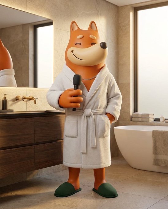 A 3D rendering of a smiling Shiba Inu character wearing a white bathrobe and green slippers, holding a microphone in a modern bathroom.