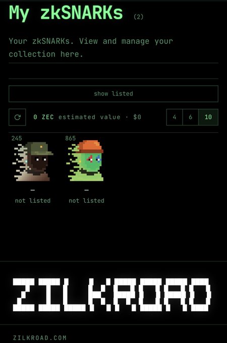 A screenshot of a ZILKROAD NFT marketplace page titled 'My zkSNARKs (2)' displaying two pixel-art character collectibles (#245 and #865), both marked as 'not listed' with an estimated value of 0 ZEC.