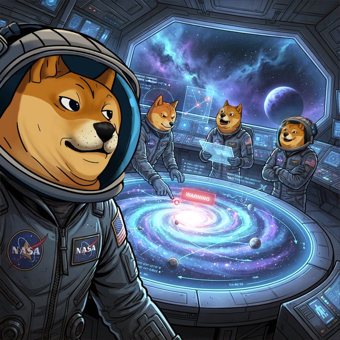 A cartoon-style illustration of Doge characters in NASA astronaut uniforms inside a spaceship, analyzing a glowing galactic map with a 'WARNING' alert.