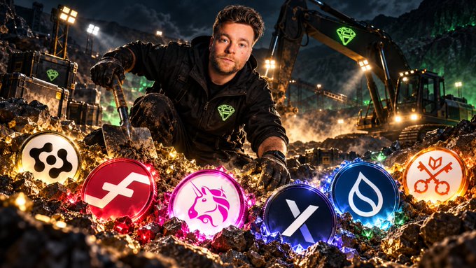 The image features a man surrounded by golden treasures, mining equipment, and six glowing cryptocurrency logos (Chainlink, a Z logo, Uniswap, Synthetix, Sui, and a token swap icon), visually reinforcing the post's theme of uncovering promising crypto "gems" to mine and add to a portfolio.