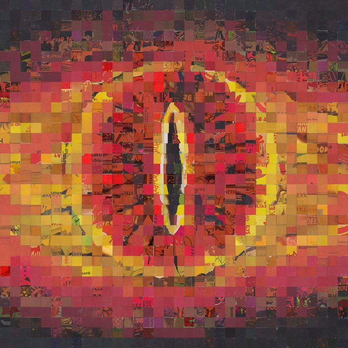 An abstract digital artwork composed of a mosaic of colorful square tiles in warm tones of red, orange, yellow, and purple, forming a glowing portal-like center.