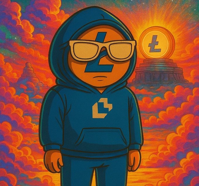 The image features a cartoon character wearing sunglasses, a hoodie, and glasses standing against an orange sky with clouds. The character appears to be looking down at something or someone below them. In the background of the image, there are two coins - one gold and one silver. The text "Bullish on LitVM. Bullish on Litecoin Chads Community." is present in the image. This suggests that the cartoon character might be a fan of cryptocurrency or investing in digital assets like Bitcoin and Litecoin.